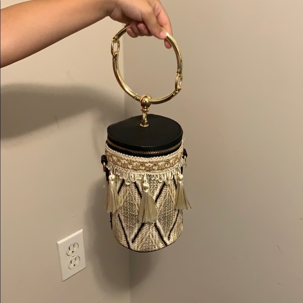 Boho Tassel Cylinder Crossbody Bag with Gold Ring Handle - Black & Cream